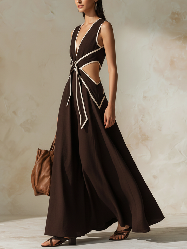 Morgan & Brooke | Chocolate Brown Cutout, Contrast-Trim Crinkle Fabric Maxi Dress