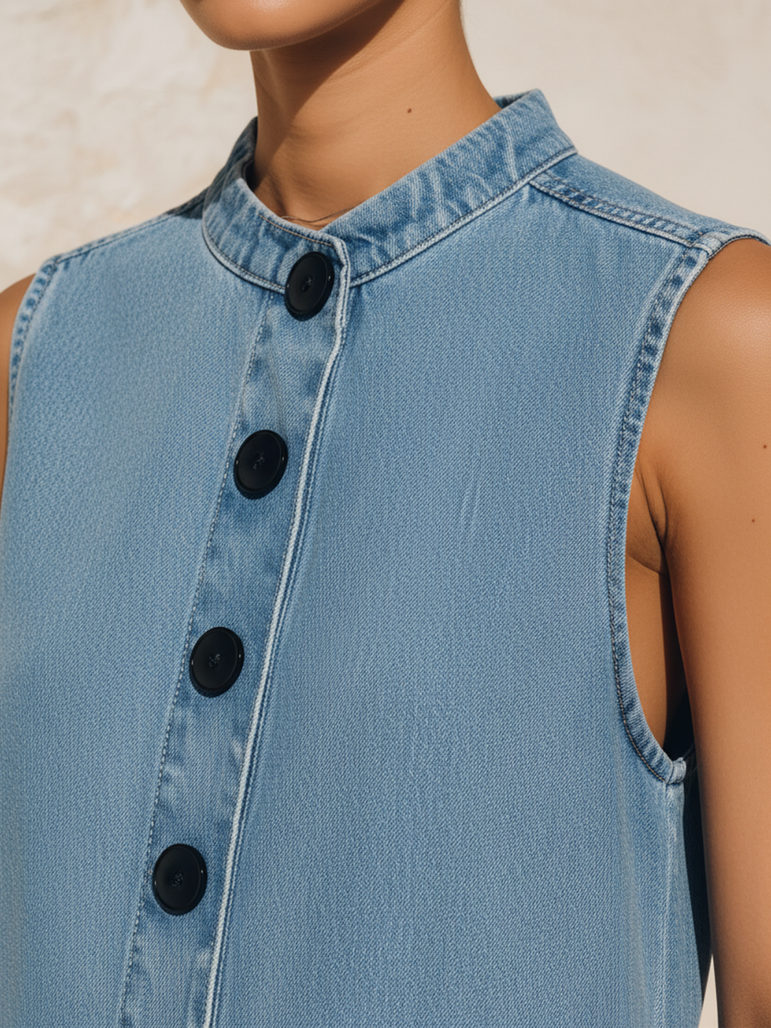 Morgan & Brooke | Light Wash Sleeveless Button-Front Tencel Denim Maxi Dress