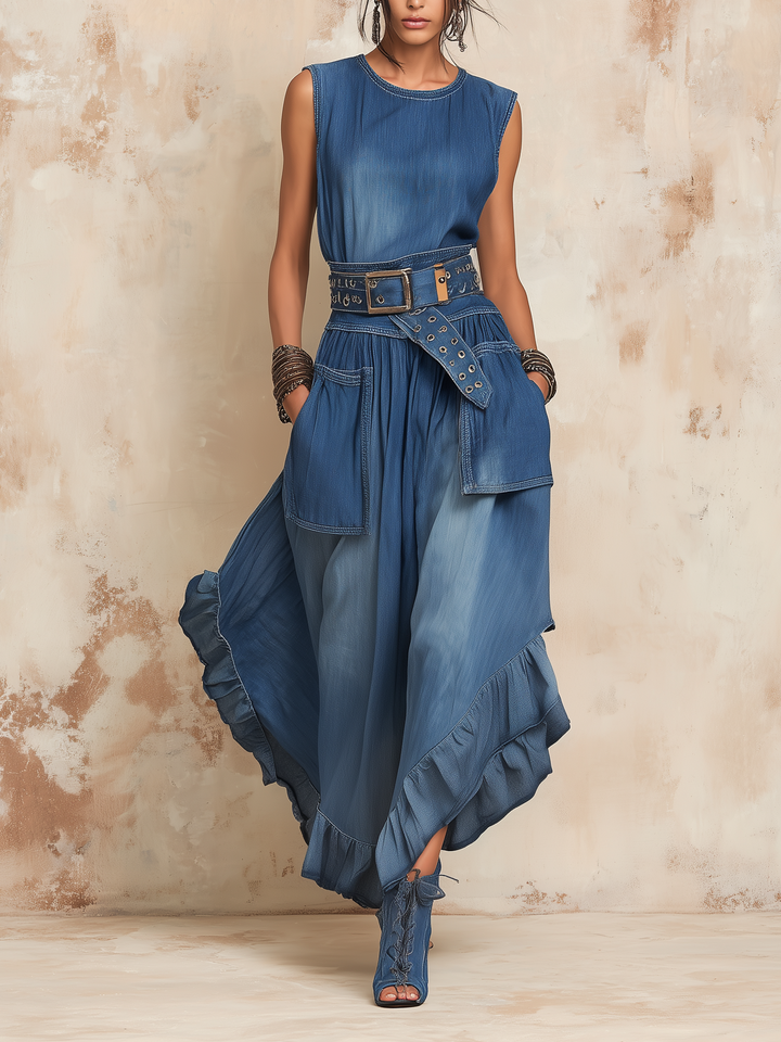 Morgan & Brooke | Belted Asymmetric Ruffle-Hem Denim Midi Dress
