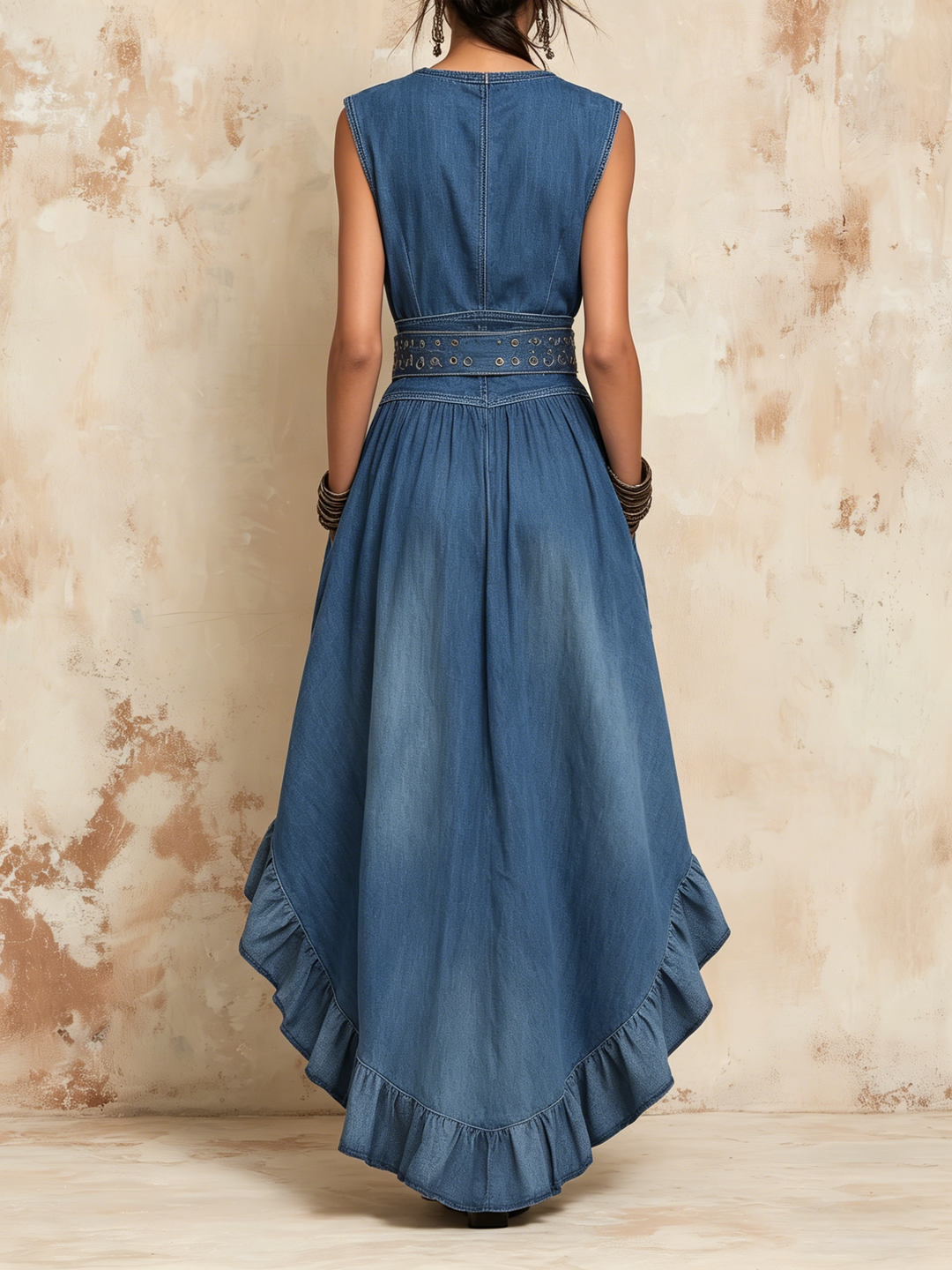 Morgan & Brooke | Belted Asymmetric Ruffle-Hem Denim Midi Dress