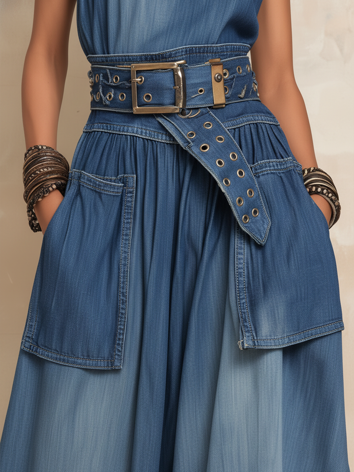 Morgan & Brooke | Belted Asymmetric Ruffle-Hem Denim Midi Dress