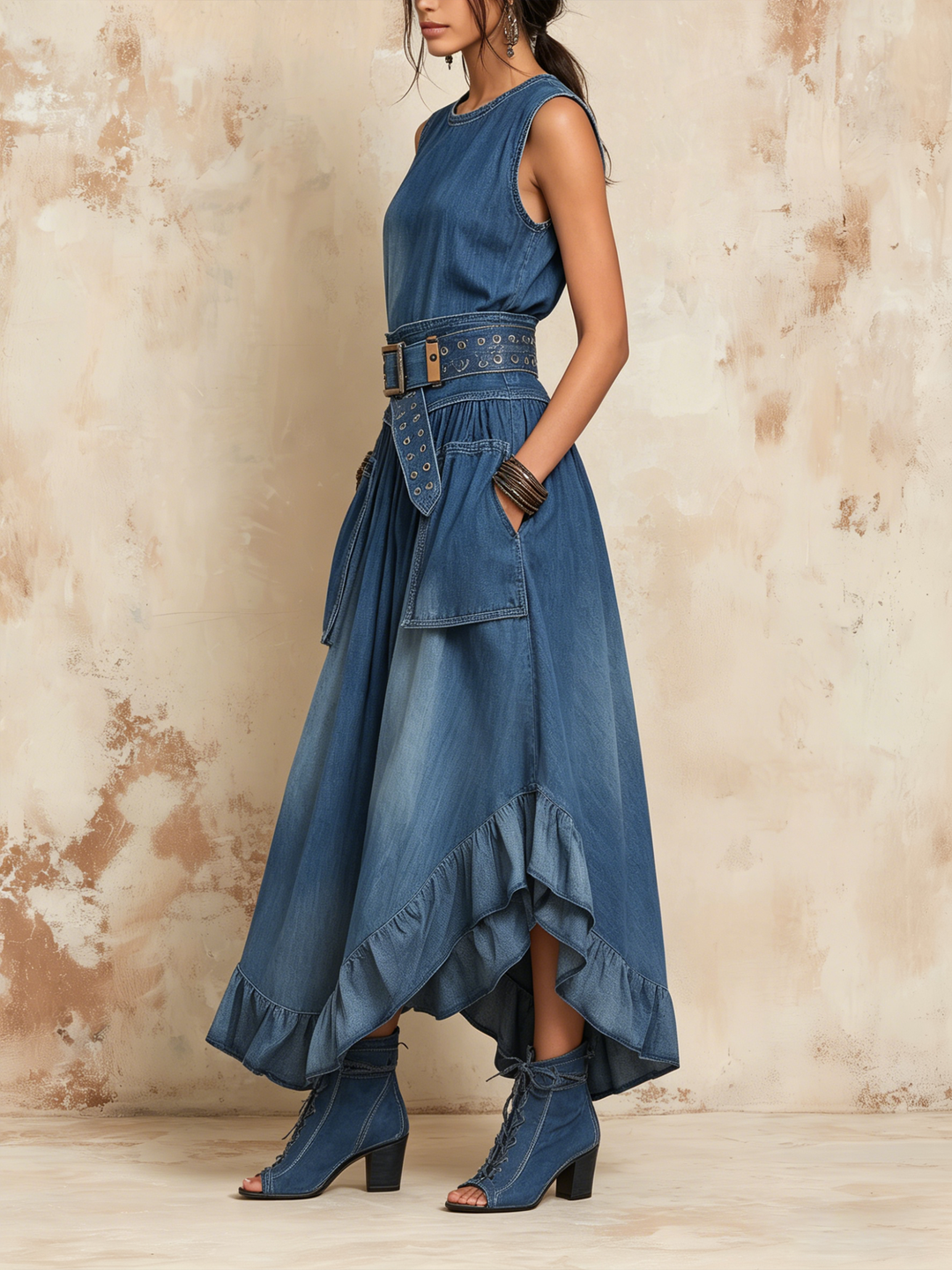 Morgan & Brooke | Belted Asymmetric Ruffle-Hem Denim Midi Dress