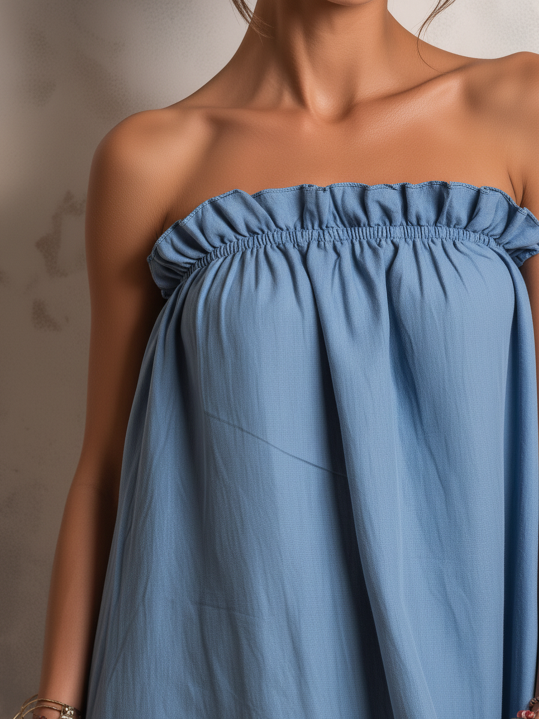 Morgan & Brooke | Indigo Strapless Striped Ruffle Hem Denim Maxi Dress