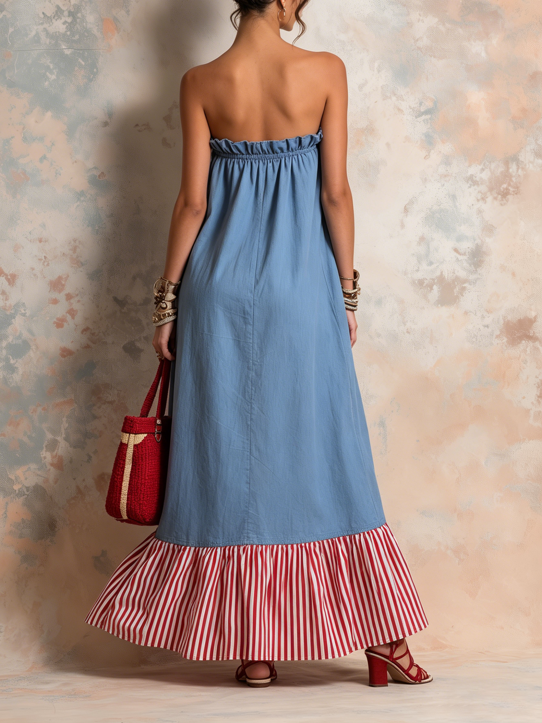 Morgan & Brooke | Indigo Strapless Striped Ruffle Hem Denim Maxi Dress