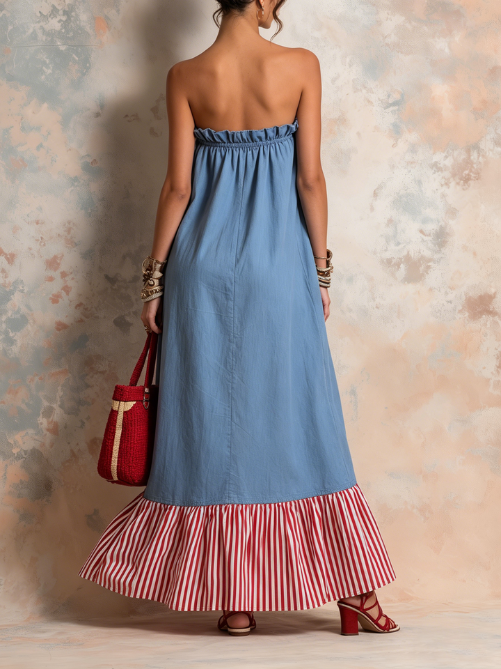 Morgan & Brooke | Indigo Strapless Striped Ruffle Hem Denim Maxi Dress