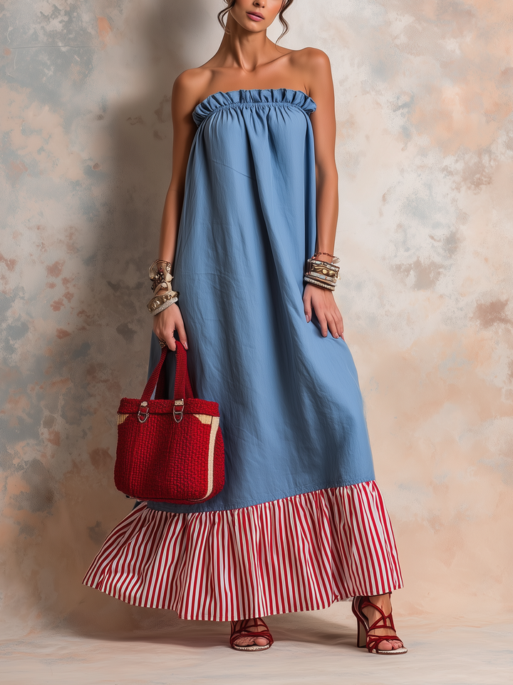 Morgan & Brooke | Indigo Strapless Striped Ruffle Hem Denim Maxi Dress