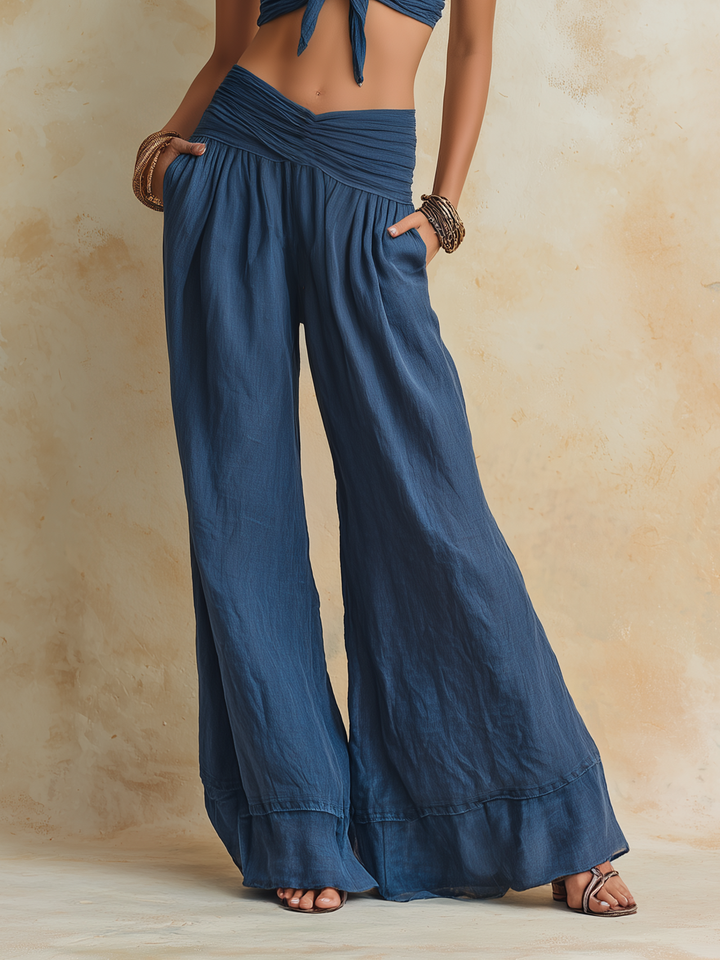 Morgan & Brooke | Washed Blue Crisscross Waist Ruffle Hem Denim Wide-Leg Pants