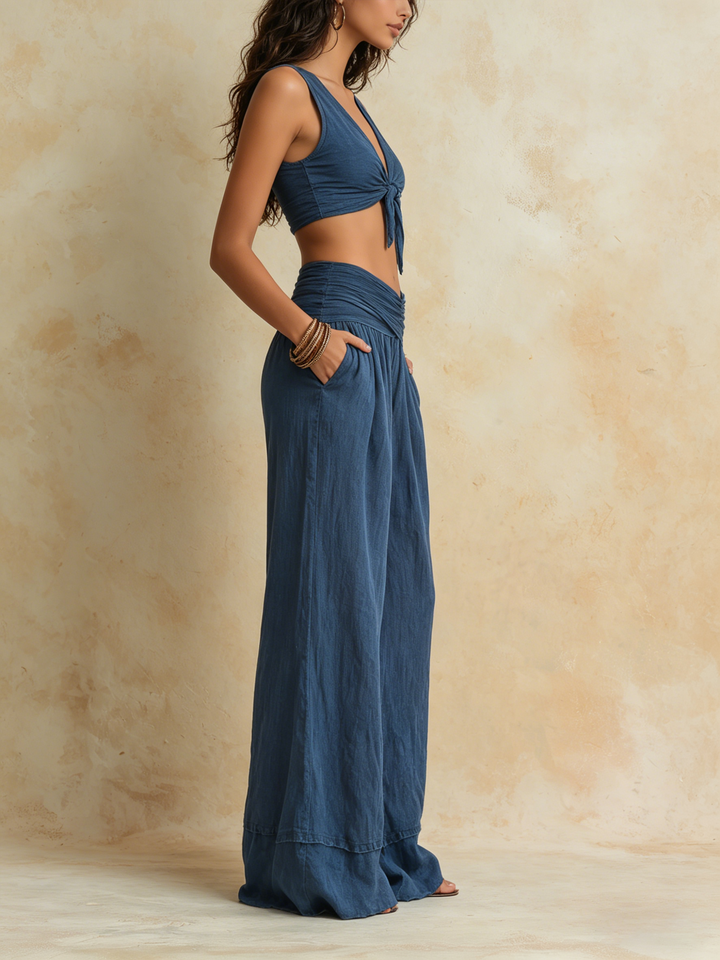 Morgan & Brooke | Washed Blue Crisscross Waist Ruffle Hem Denim Wide-Leg Pants