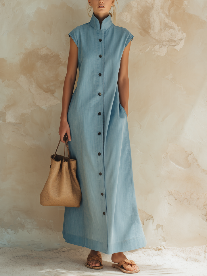 Morgan & Brooke | Light Blue Stand-Collar Maxi Tencel Denim Shirt Dress