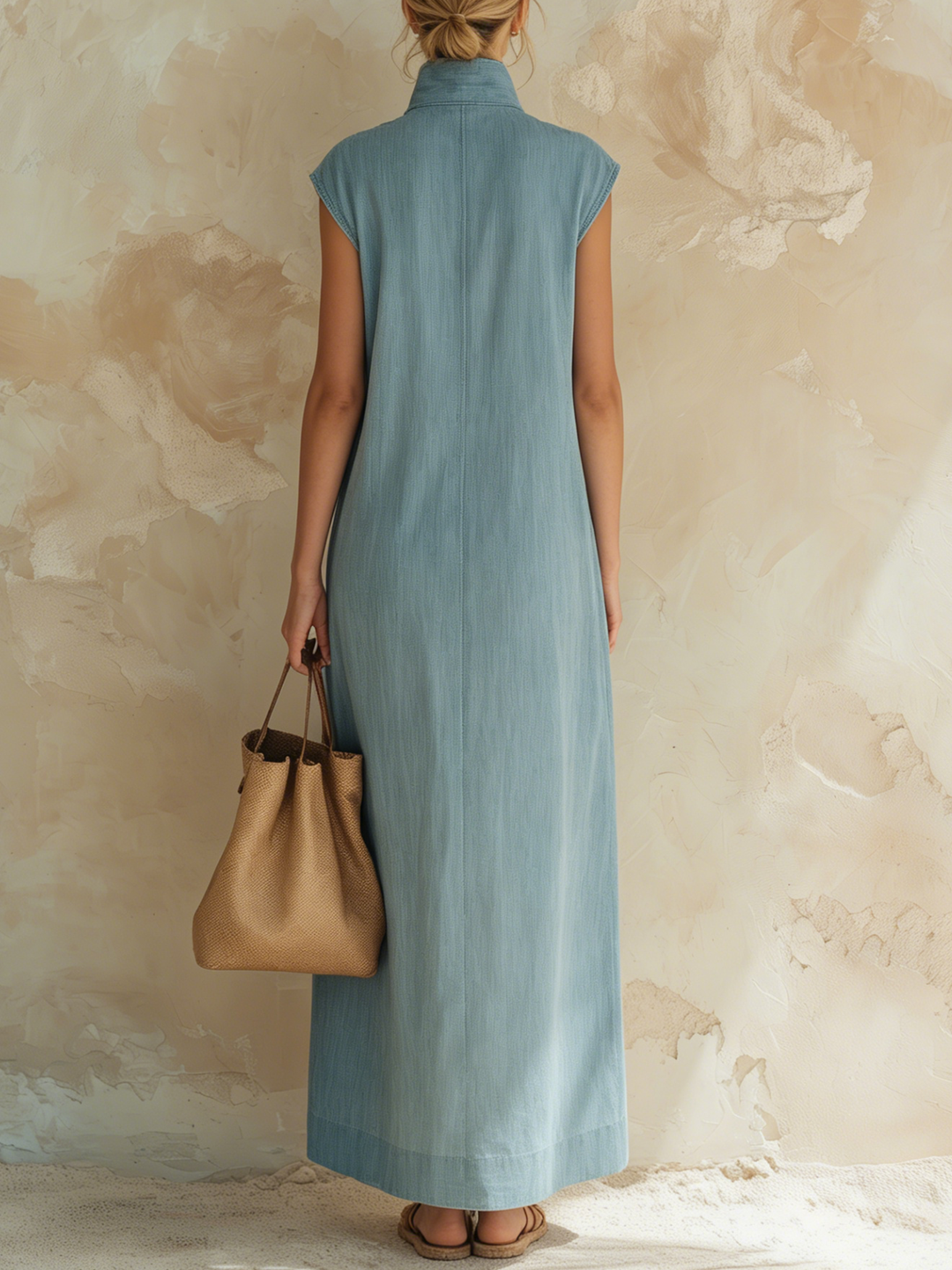 Morgan & Brooke | Light Blue Stand-Collar Maxi Tencel Denim Shirt Dress
