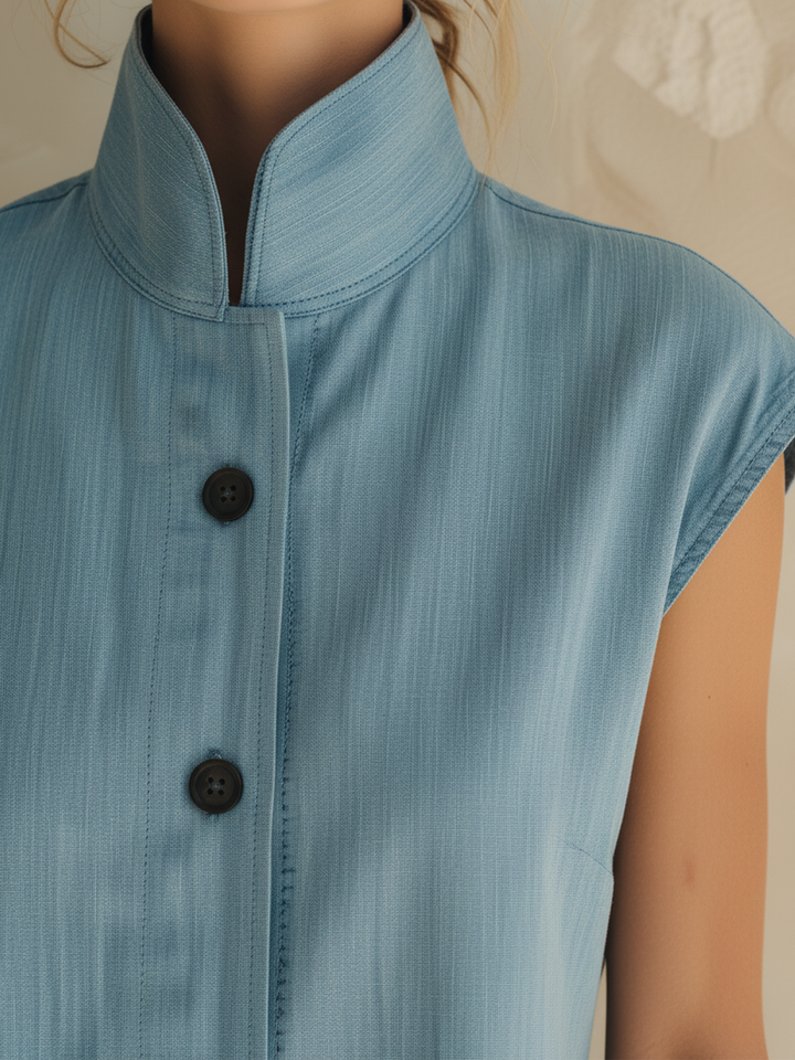 Morgan & Brooke | Light Blue Stand-Collar Maxi Tencel Denim Shirt Dress