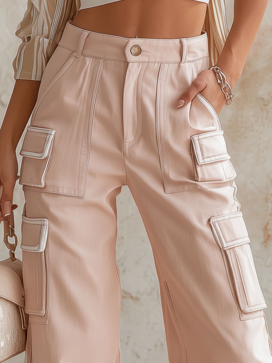 Morgan & Brooke | Blush Pink High-Waisted Wide-Leg Cotton-Blend Pants