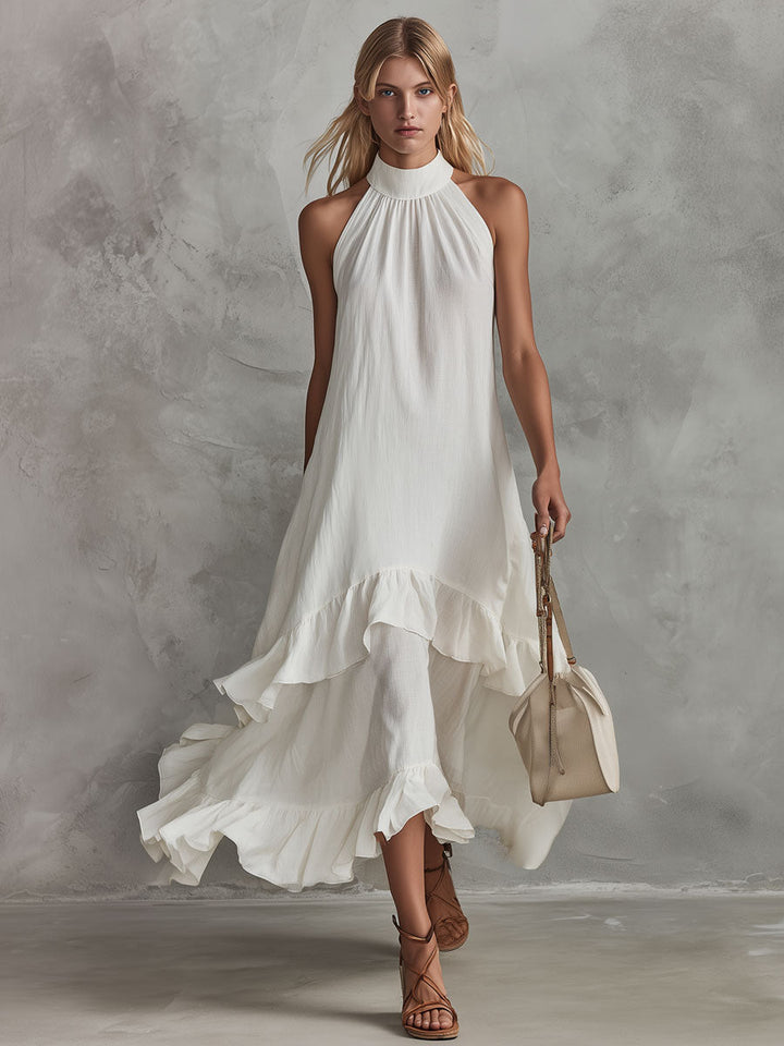 Morgan & Brooke | Retro-Elegant White Sleeveless Ruffled Cotton-Linen Dress