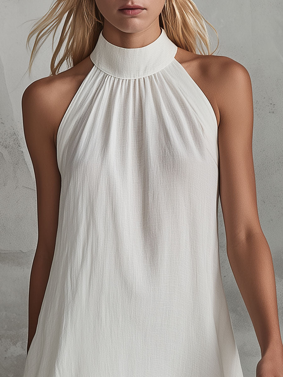 Morgan & Brooke | Retro-Elegant White Sleeveless Ruffled Cotton-Linen Dress