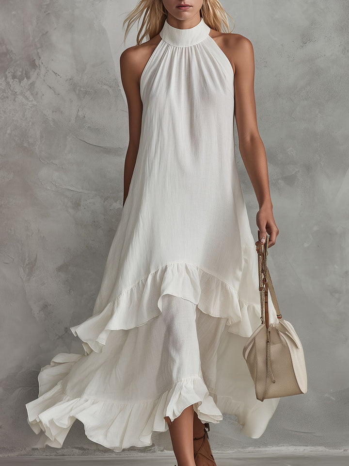 Morgan & Brooke | Retro-Elegant White Sleeveless Ruffled Cotton-Linen Dress