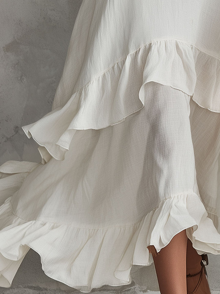 Morgan & Brooke | Retro-Elegant White Sleeveless Ruffled Cotton-Linen Dress
