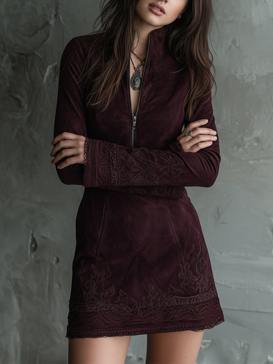 Morgan & Brooke | Vintage Suede Embroidered Lace Trim Dress