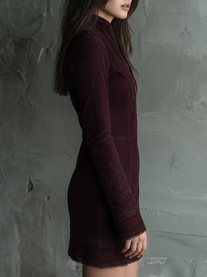 Morgan & Brooke | Vintage Suede Embroidered Lace Trim Dress