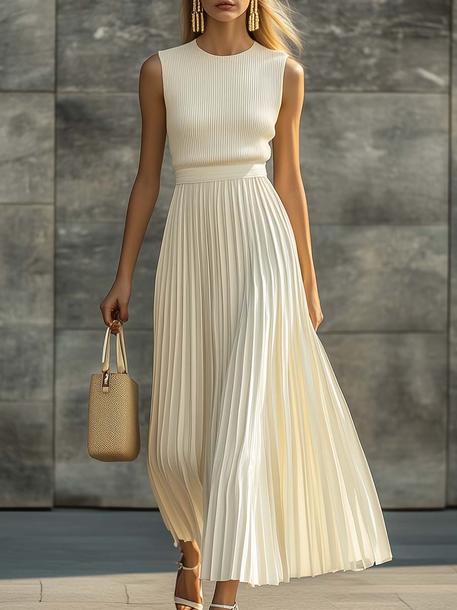 Morgan & Brooke | Cream Chiffon Pleated Casual Dress