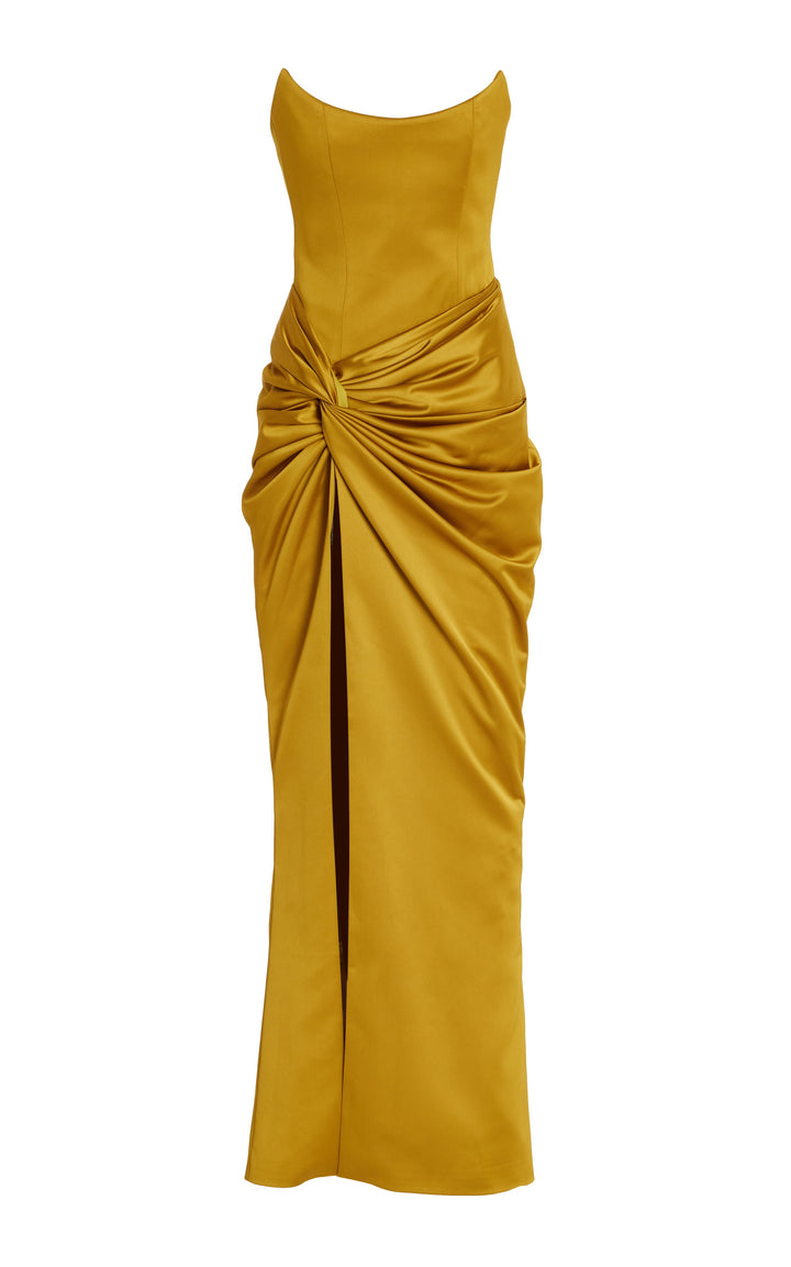 Morgan & Brooke | Draped Strapless Satin Maxi Dress