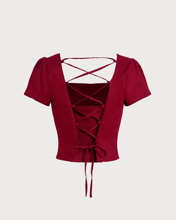 Morgan and Brooke | Square Neck Cross Tie Blouse for Women in Red