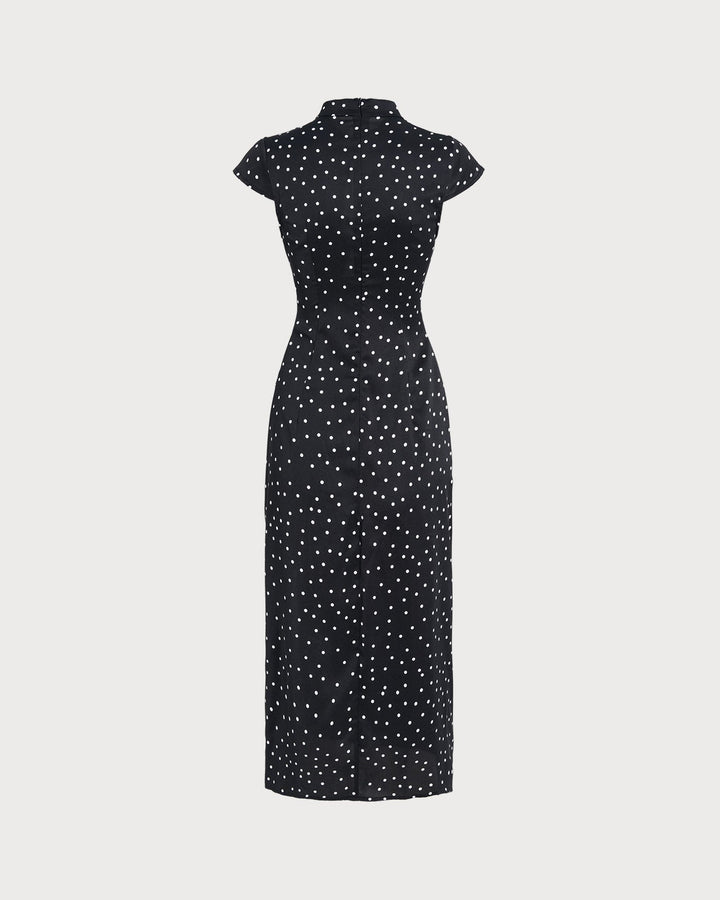 Morgan and Brooke | Black Polka Dot Midi Dress with Mandarin Collar