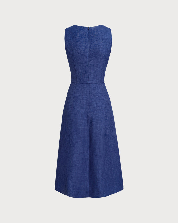 Morgan and Brooke | Square Neck Pleated Sleeveless Midi Dress in Blue