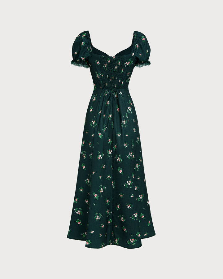 Morgan and Brooke | Floral Midi Dress for Women in Green with Puffed Sleeves