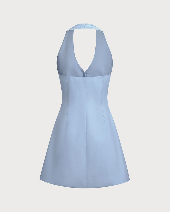 Morgan and Brooke | Halter Mini Dress in Blue with Button Pocket