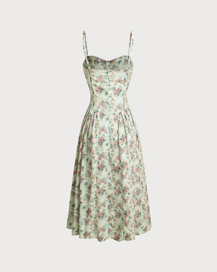 Morgan and Brooke | Green Floral Sweetheart Neck Pleated Midi Dress