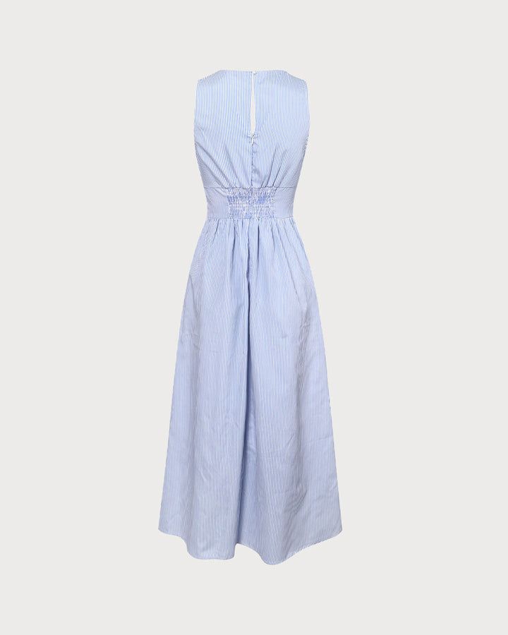 Morgan and Brooke | Blue V Neck Shirred Striped Maxi Dress