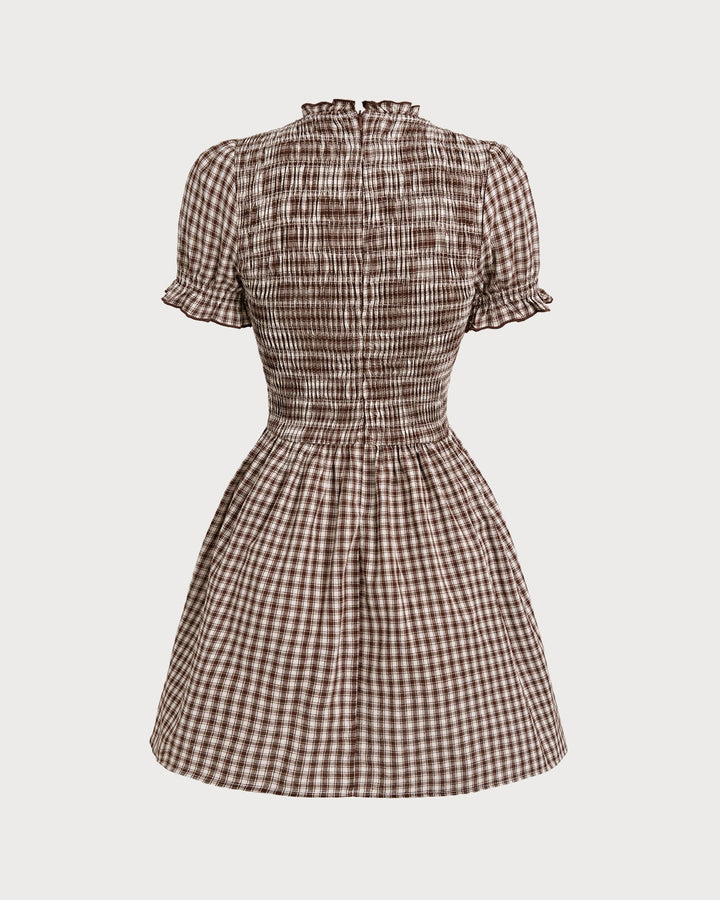 Morgan and Brooke | Gingham Puffed Sleeve Mini Dress for Women in Coffee
