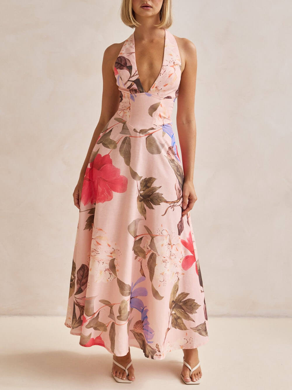 Morgan & Brooke | Floral Print Halter Backless Tie-Up Dress