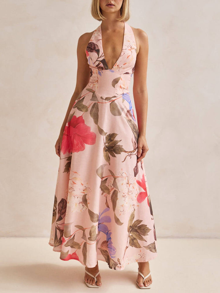 Morgan & Brooke | Floral Print Halter Backless Tie-Up Dress