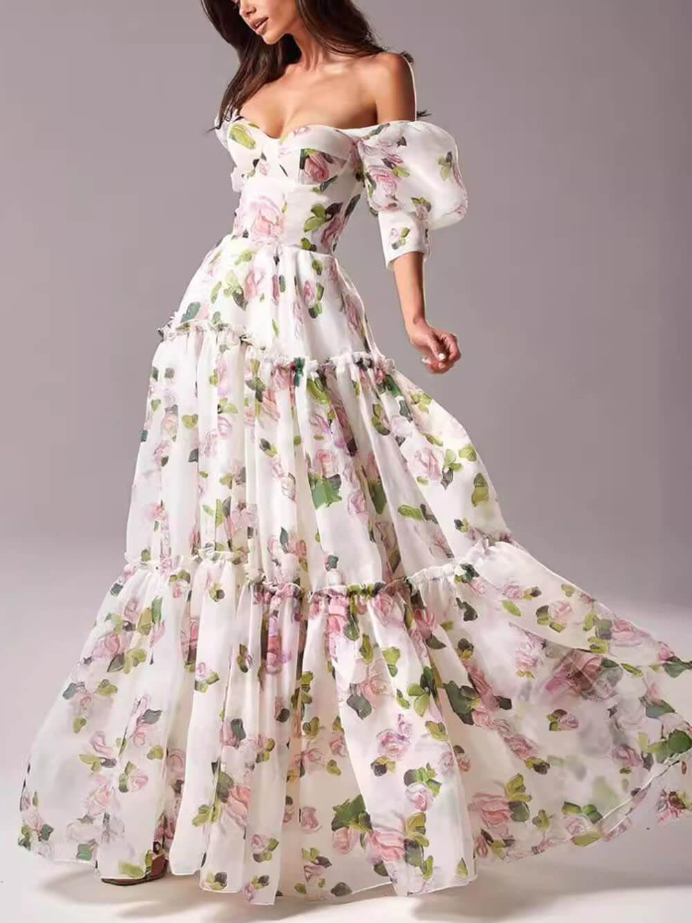 Morgan & Brooke | Elegant Off-Shoulder Printed Organza Evening Gown