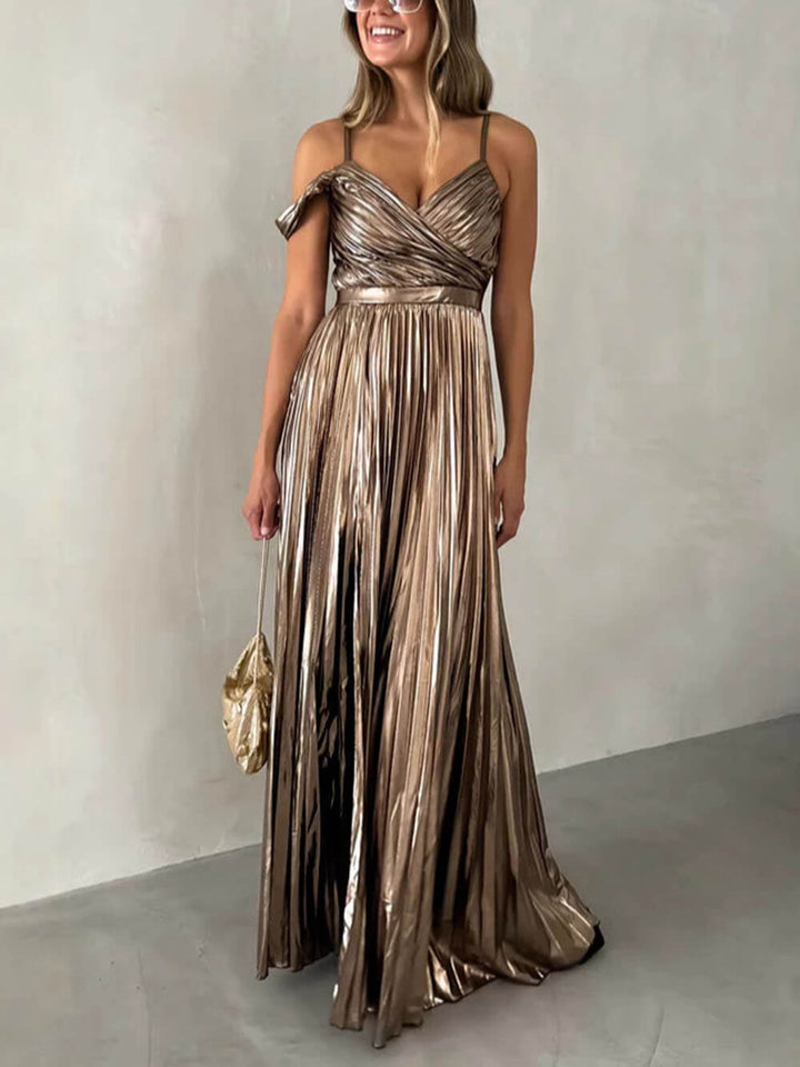 Morgan & Brooke | Elegant V-Neck Backless Pleated Suspender Dress