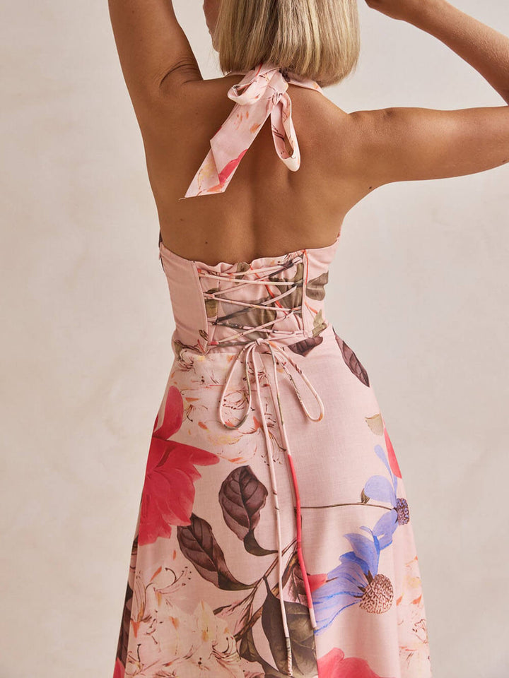 Morgan & Brooke | Floral Print Halter Backless Tie-Up Dress