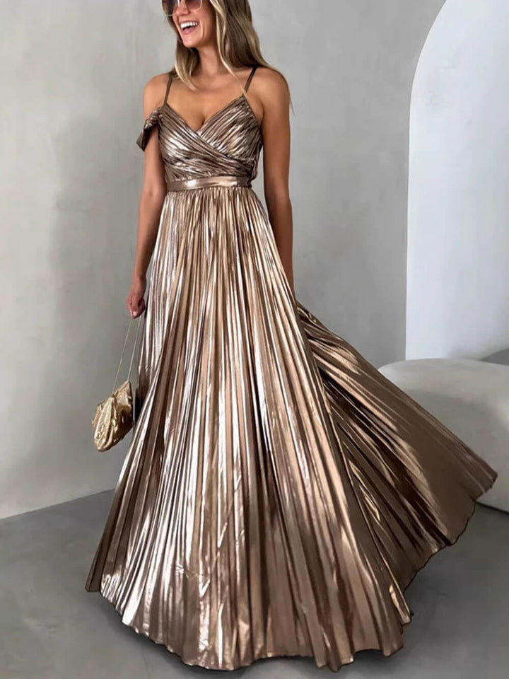 Morgan & Brooke | Elegant V-Neck Backless Pleated Suspender Dress