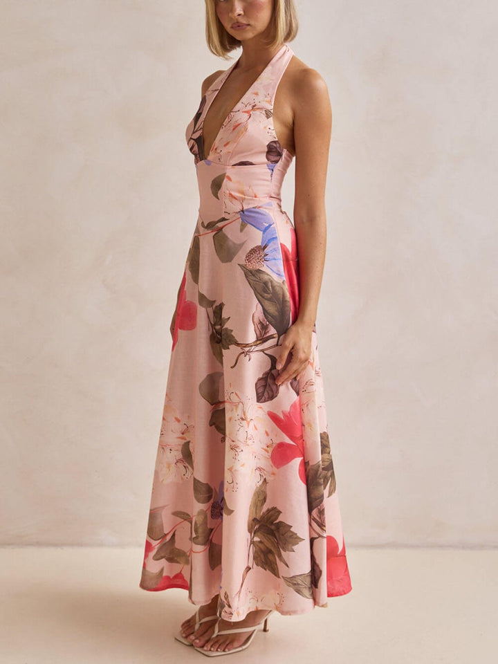 Morgan & Brooke | Floral Print Halter Backless Tie-Up Dress