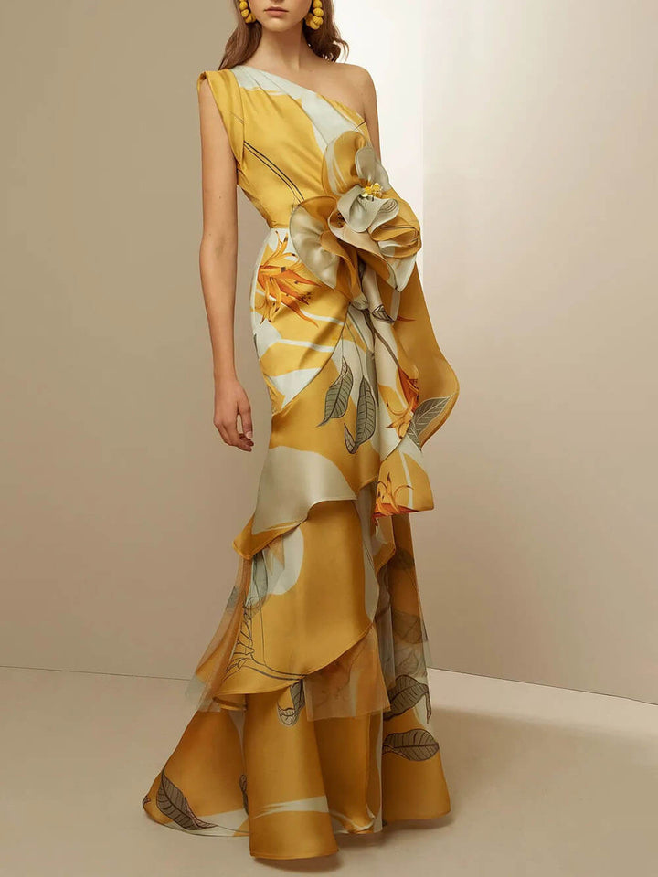 Morgan & Brooke | Retro French High-Waisted Printed Off-Shoulder Dress