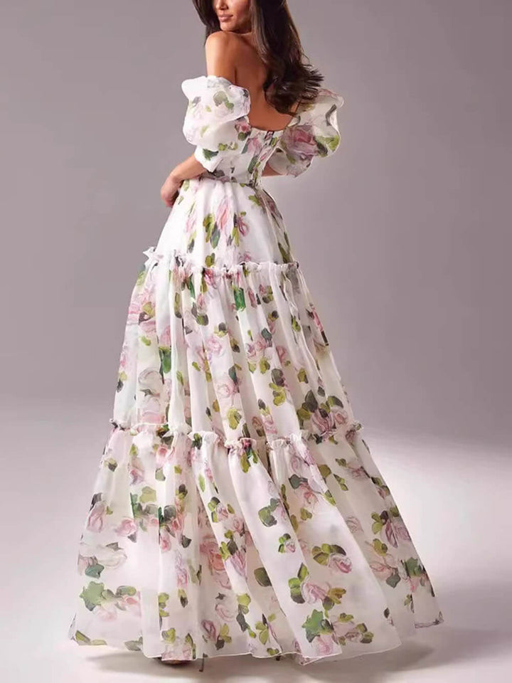 Morgan & Brooke | Elegant Off-Shoulder Printed Organza Evening Gown