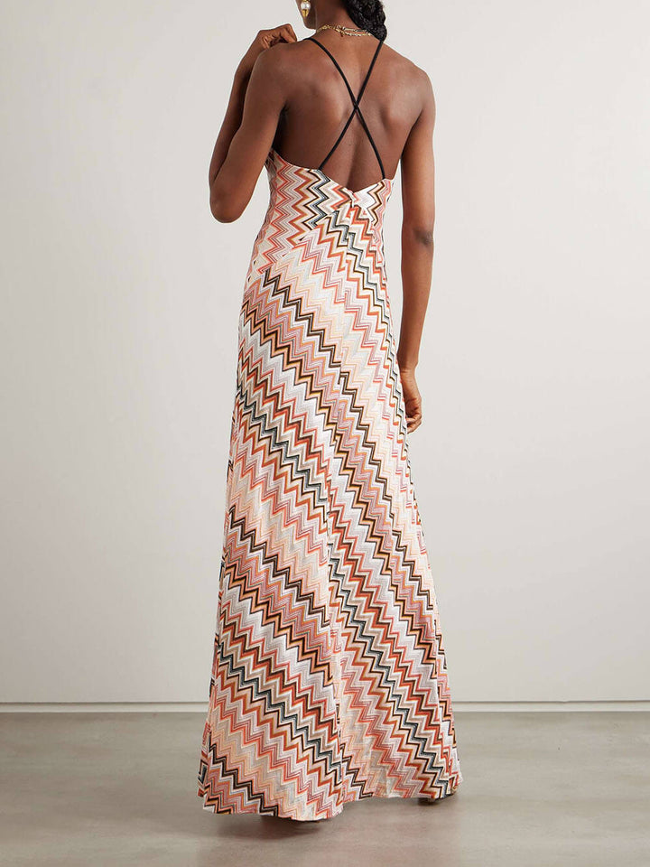 Morgan & Brooke | Elegant Crochet Printed Open Back Dress