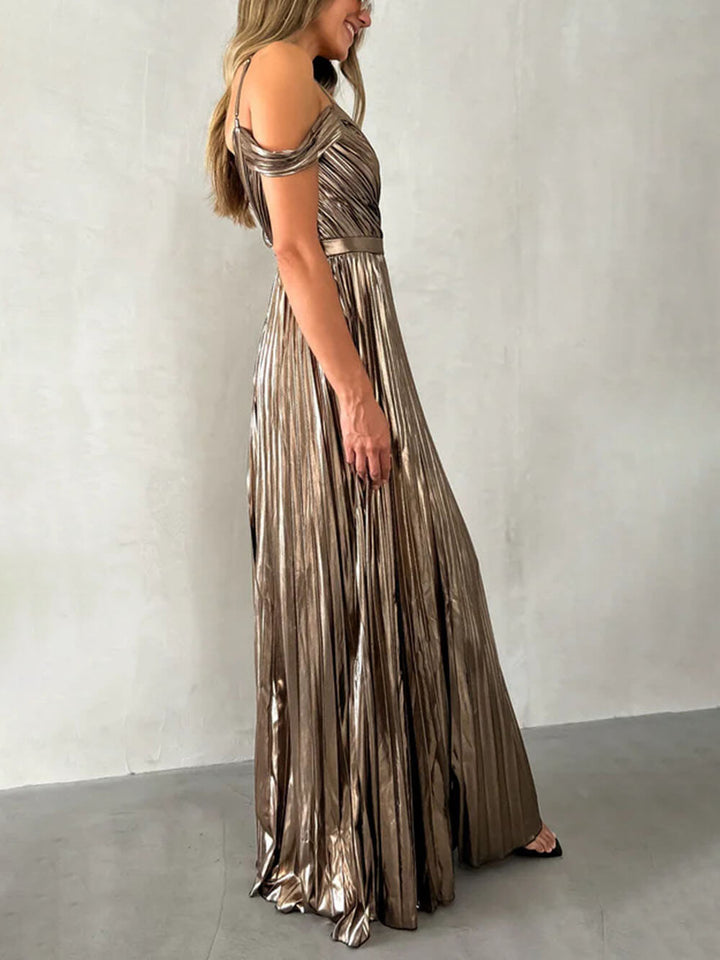 Morgan & Brooke | Elegant V-Neck Backless Pleated Suspender Dress