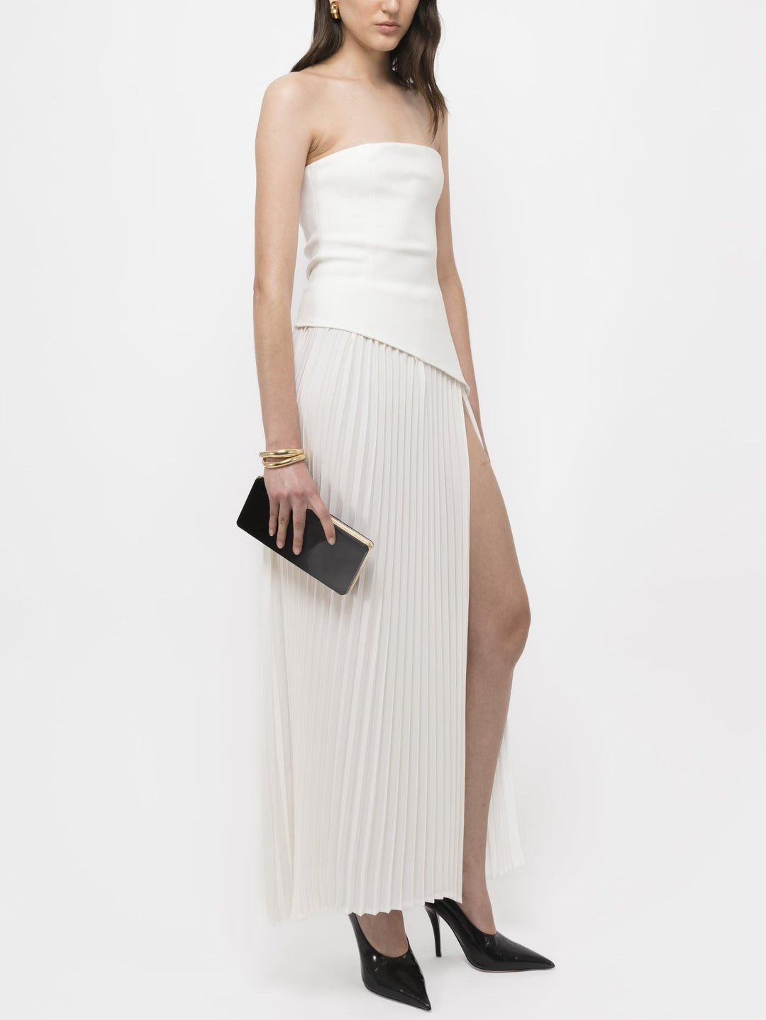 Morgan & Brooke | Elegant Wrap Neckline Pleated High Dress