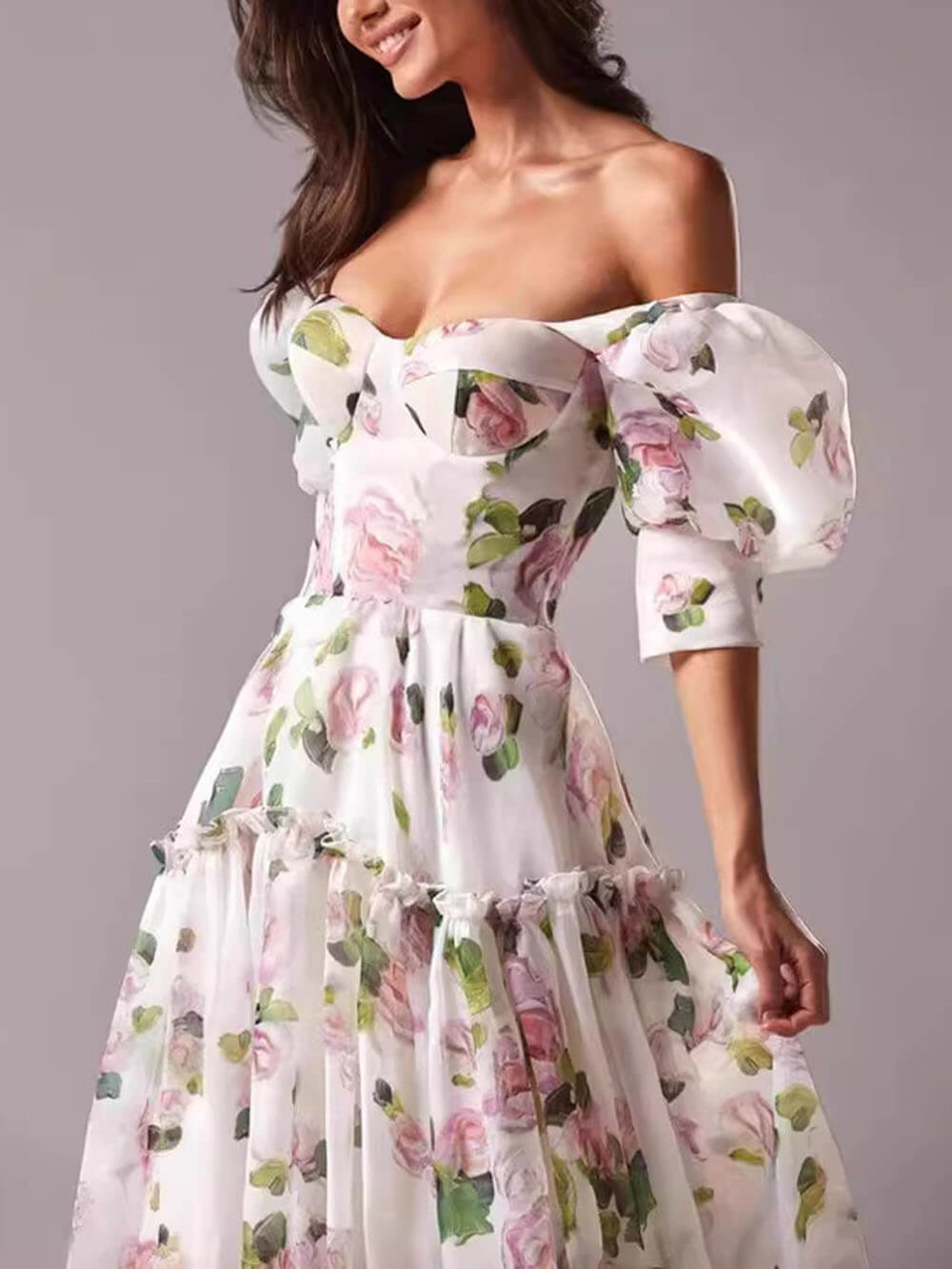 Morgan & Brooke | Elegant Off-Shoulder Printed Organza Evening Gown