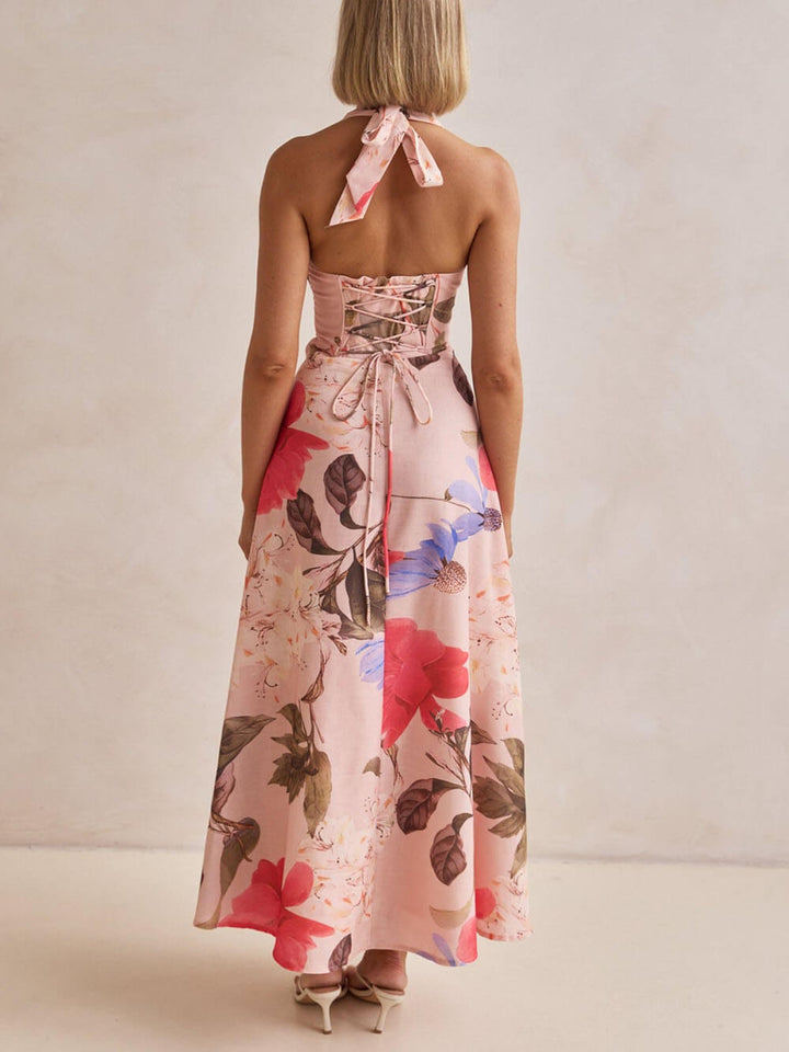 Morgan & Brooke | Floral Print Halter Backless Tie-Up Dress