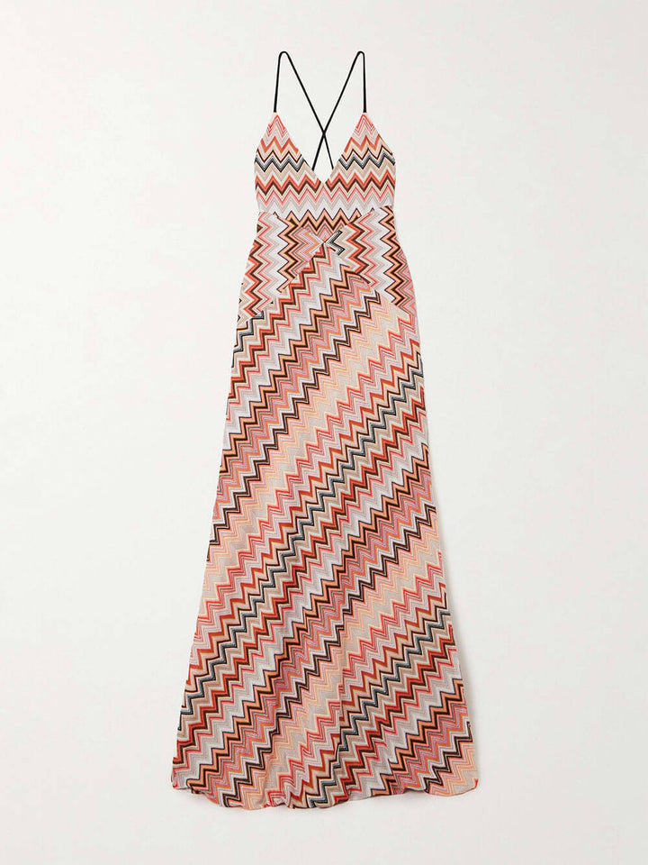 Morgan & Brooke | Elegant Crochet Printed Open Back Dress