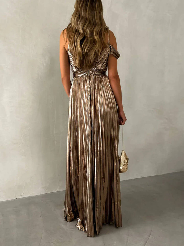 Morgan & Brooke | Elegant V-Neck Backless Pleated Suspender Dress