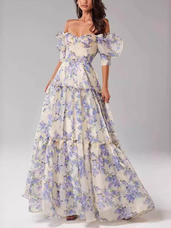 Morgan & Brooke | Elegant Off-Shoulder Printed Organza Evening Gown