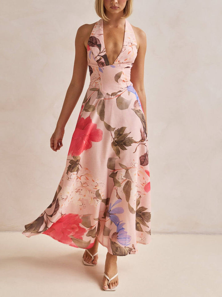 Morgan & Brooke | Floral Print Halter Backless Tie-Up Dress
